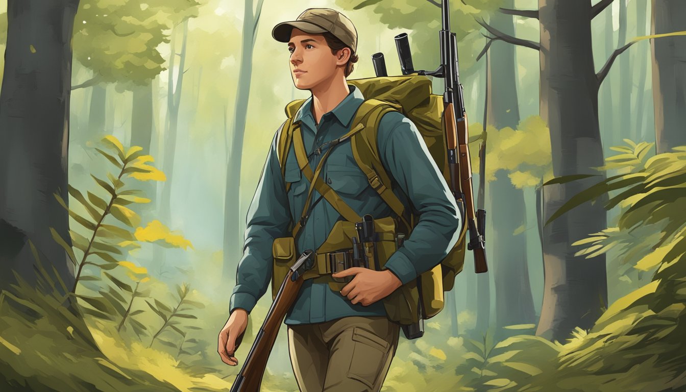 A young hunter wearing a belt with pouches for ammunition and tools, walking through a forest with a rifle slung over their shoulder