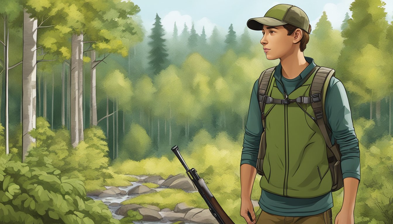 A youth hunter wearing base layers in a forest, with trees and bushes in the background