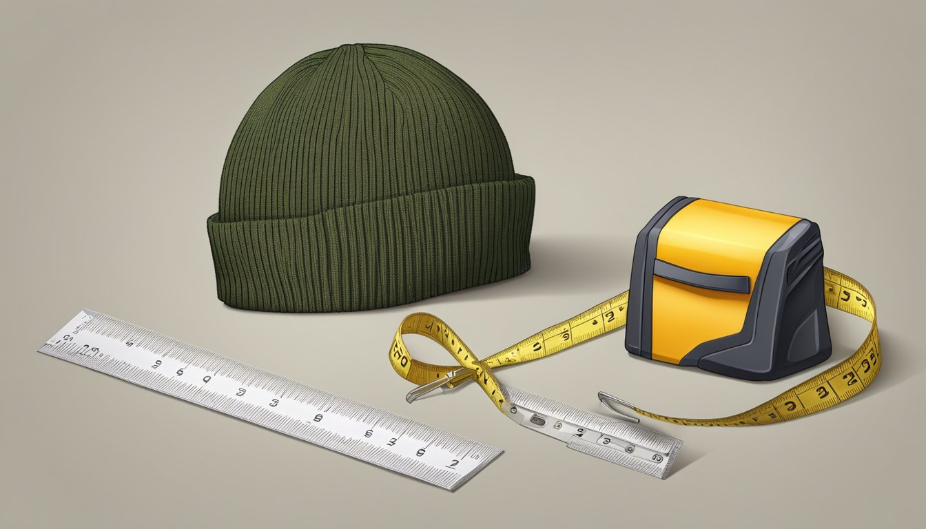 A young hunter's beanie laid flat with measuring tape nearby