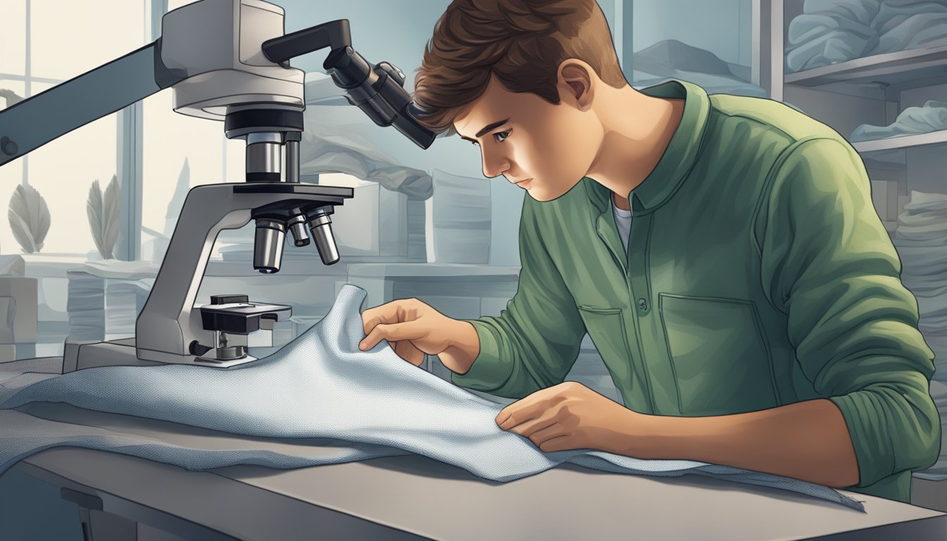 A youth wearing a hunting base layer examines fabric under a microscope in a laboratory setting