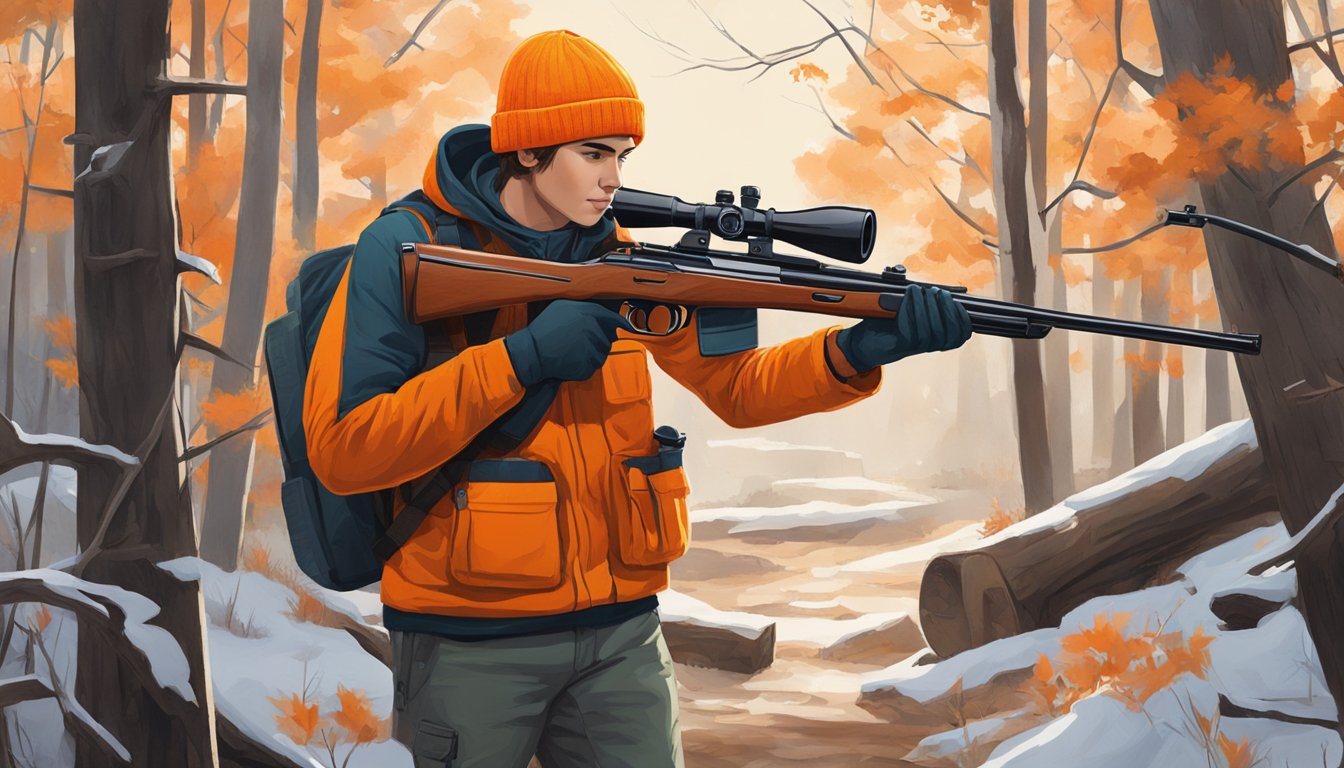 A youth wearing a bright orange hunting beanie with reflective strips, standing in a wooded area with a rifle slung over their shoulder