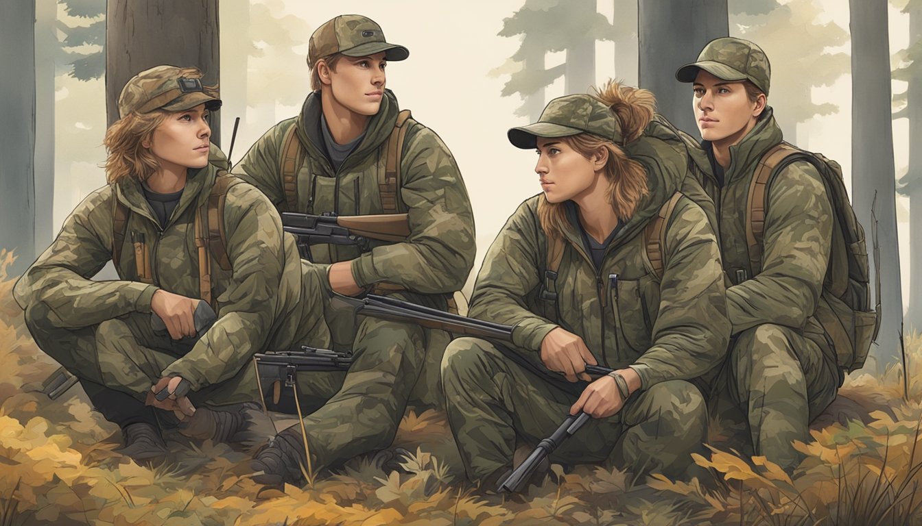 A group of young hunters in camouflage gear, crouched in a forest clearing, with a hunting base layer featuring durable fabric and practical pockets