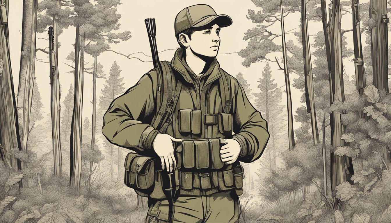 A young hunter wearing a camouflage belt with multiple pockets, a sturdy buckle, and adjustable straps. The belt is loaded with hunting gear such as a knife, compass, and ammunition