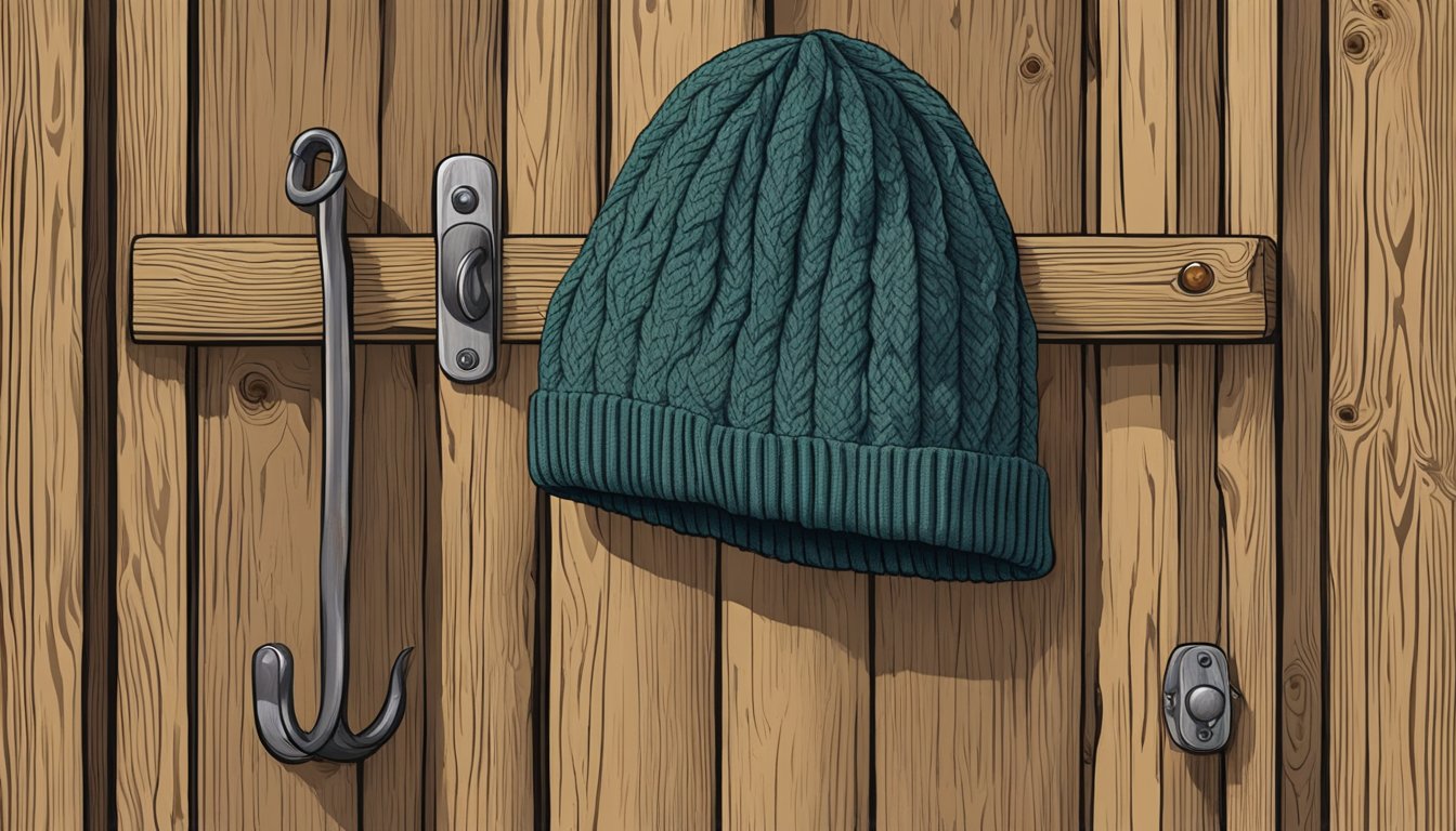 A hunting beanie hanging on a wooden hook by a cabin door