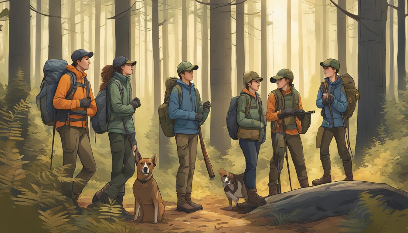 A group of youth hunters wearing different base layer options in a forest setting