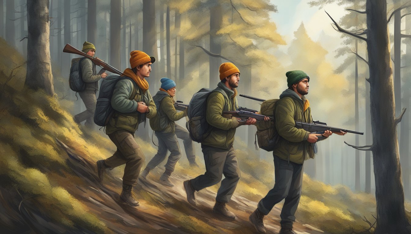 A group of young hunters wearing beanies in a forest, equipped with hunting gear and moving stealthily through the trees