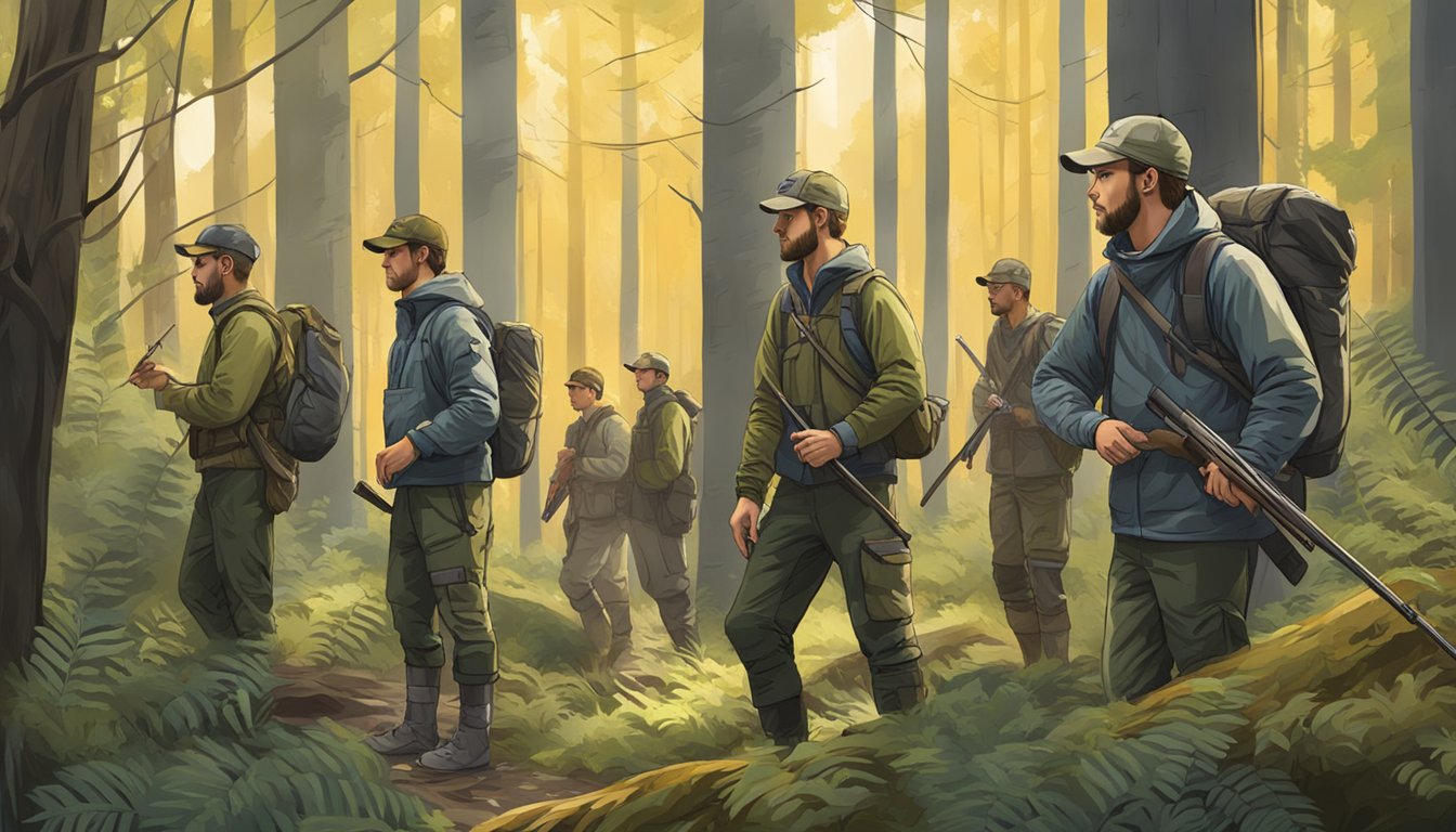 A group of young hunters wearing advanced base layers in a dense forest, preparing for a hunt