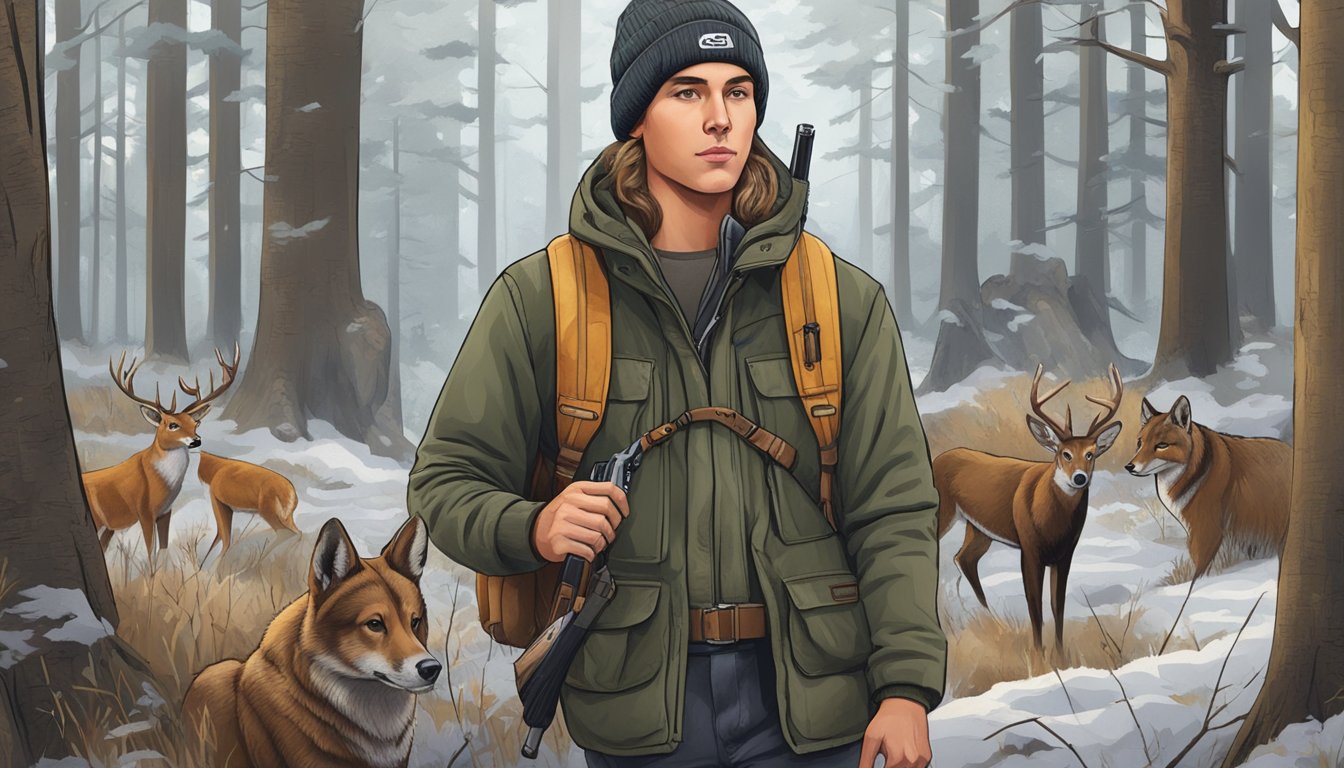 A young hunter wearing a beanie with popular hunting brands and models while out in the woods