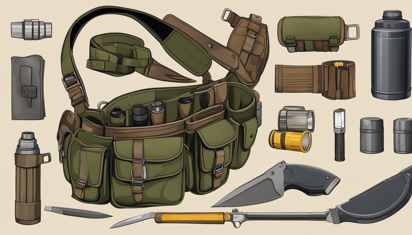 A youth hunting belt with various pockets and compartments, holding a knife, flashlight, and ammunition