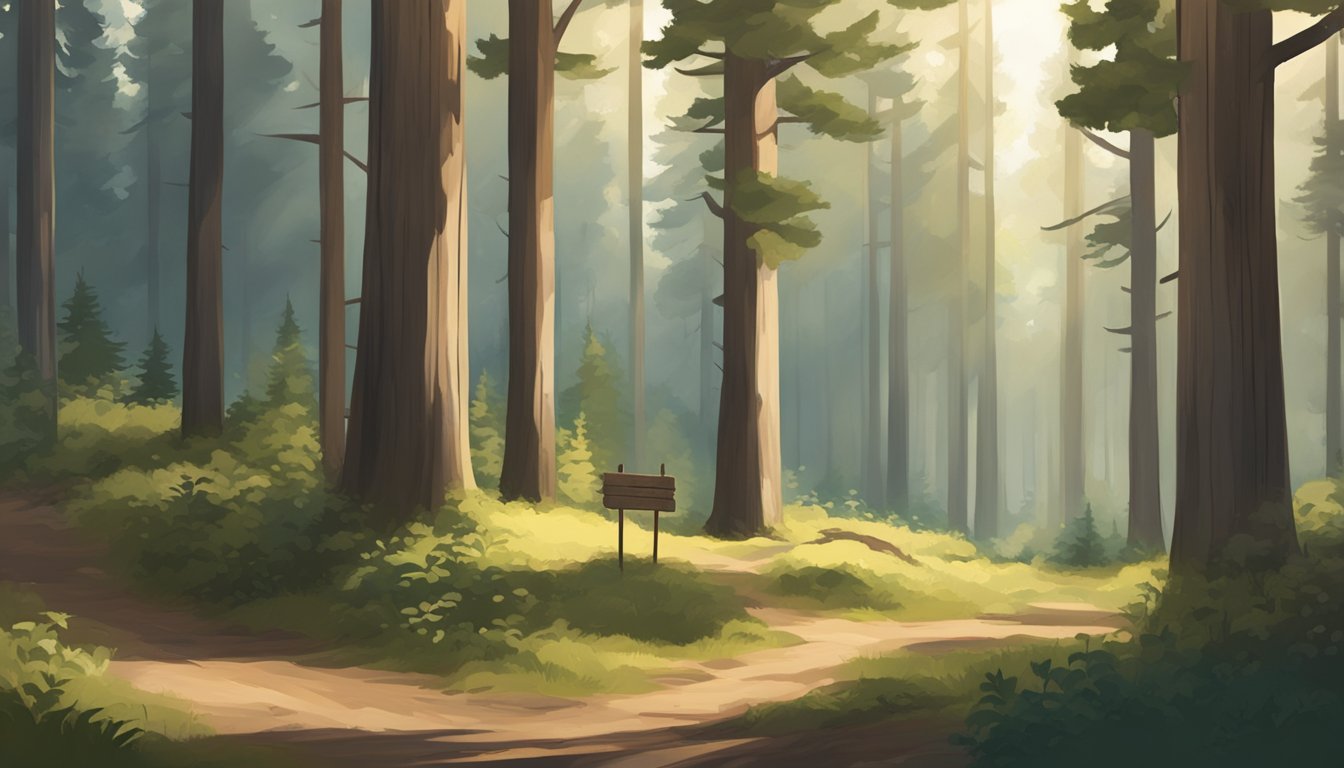 A forest clearing with a rustic wooden signpost pointing to a small shop selling youth hunting beanies. Tall trees and dappled sunlight create a serene setting