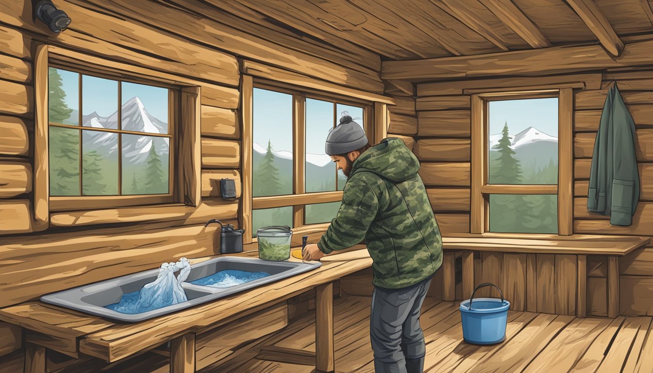 A hunter carefully washing and air-drying a camouflaged base layer in a rustic cabin