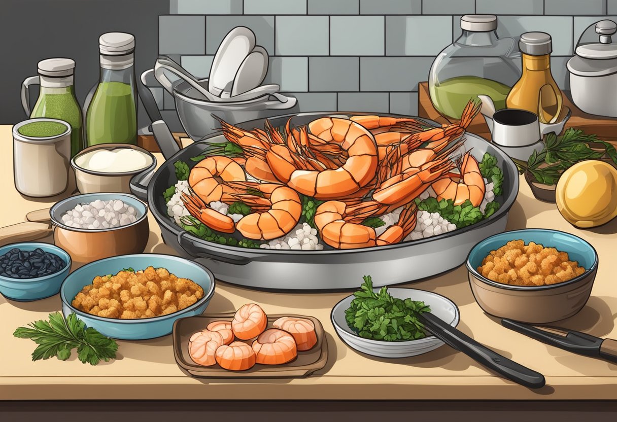 A kitchen counter with fresh shrimp, seafood stuffing, and various cooking utensils ready for preparation