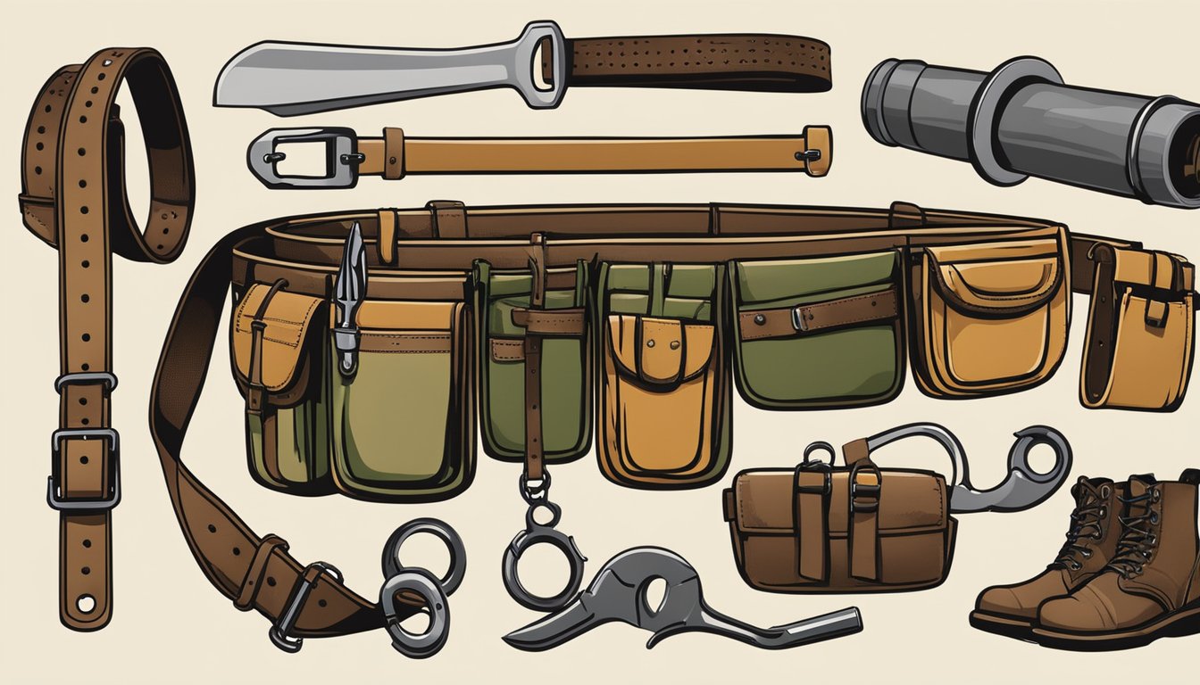 A hunting belt hung on a sturdy wooden rack, surrounded by various tools and equipment. The belt is made of durable material and has multiple pockets for storing hunting gear