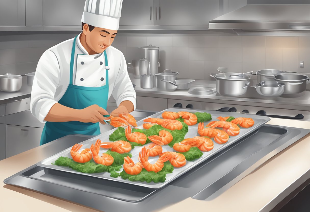 A chef preparing stuffed shrimp, mixing ingredients and placing them on a baking sheet