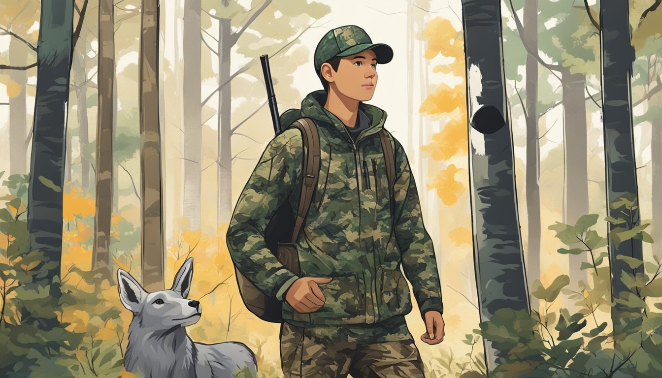 A forest clearing with a young hunter in camouflage, surrounded by trees and wildlife, wearing Final Thoughts youth hunting base layer