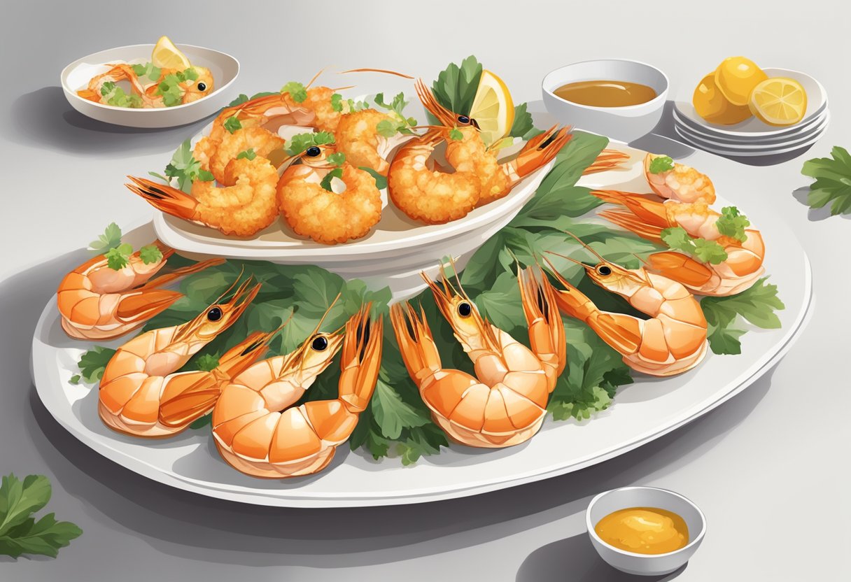 A platter of golden-brown stuffed shrimp arranged with colorful garnishes on a white serving dish