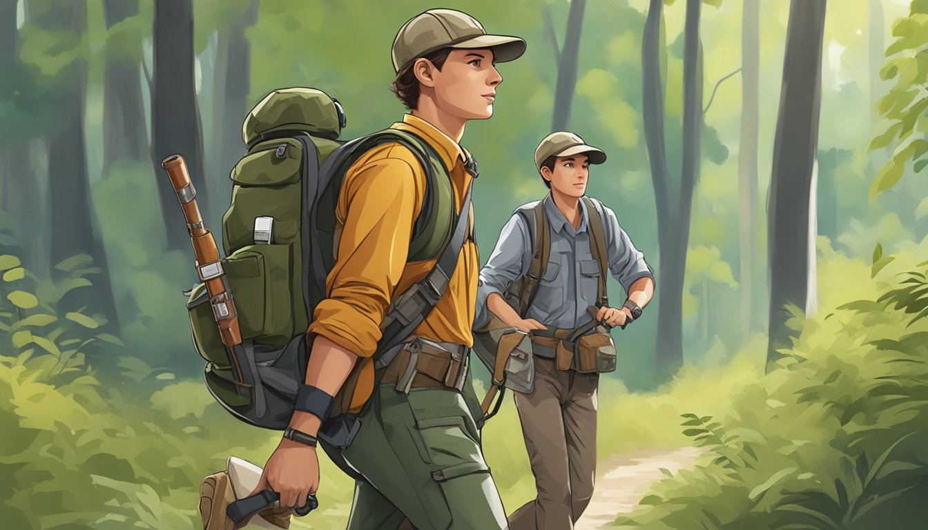 A young hunter wearing a sturdy belt with multiple pockets, carrying a first aid kit and a whistle, while walking through the woods