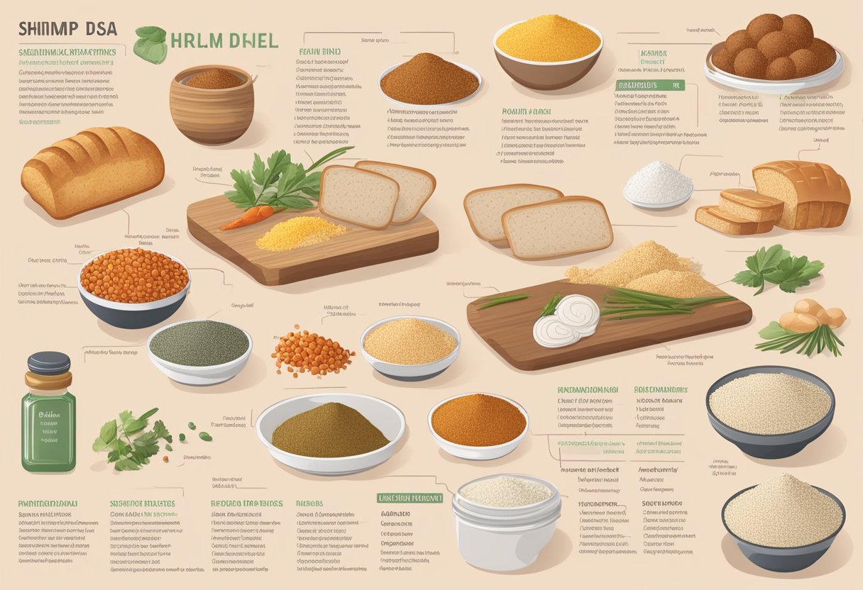 A table with various ingredients such as shrimp, bread crumbs, and spices, along with nutritional labels and dietary guidelines