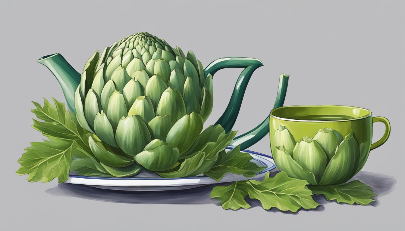 An artichoke plant with large green leaves, surrounded by a teapot and a cup of artichoke leaf tea