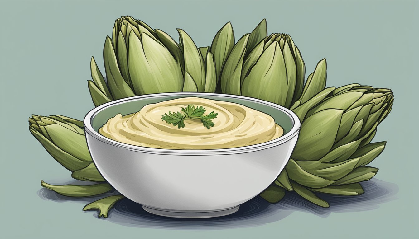 A bowl of artichoke hummus with a whole artichoke stem beside it