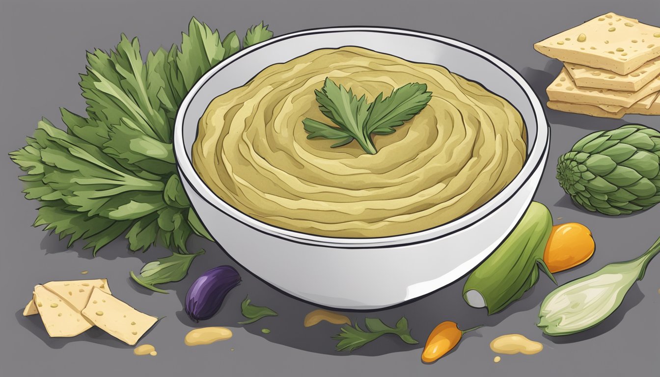 An artichoke stem dips into a bowl of hummus, surrounded by scattered ingredients