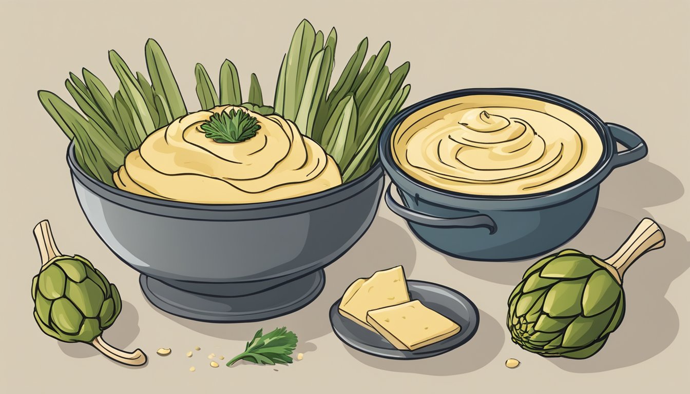 An artichoke stem dipped in hummus, surrounded by scattered equipment