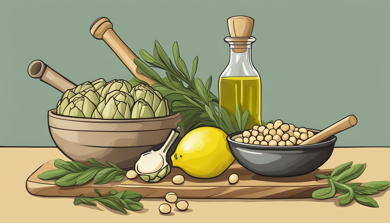 A pile of artichoke stems, chickpeas, and tahini on a cutting board, surrounded by a mortar and pestle, lemon, and olive oil