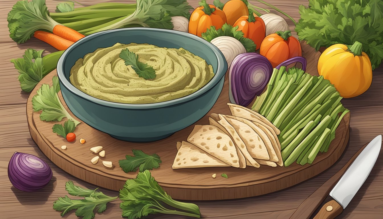 A bowl of artichoke stem hummus surrounded by fresh vegetables and pita bread on a wooden serving platter