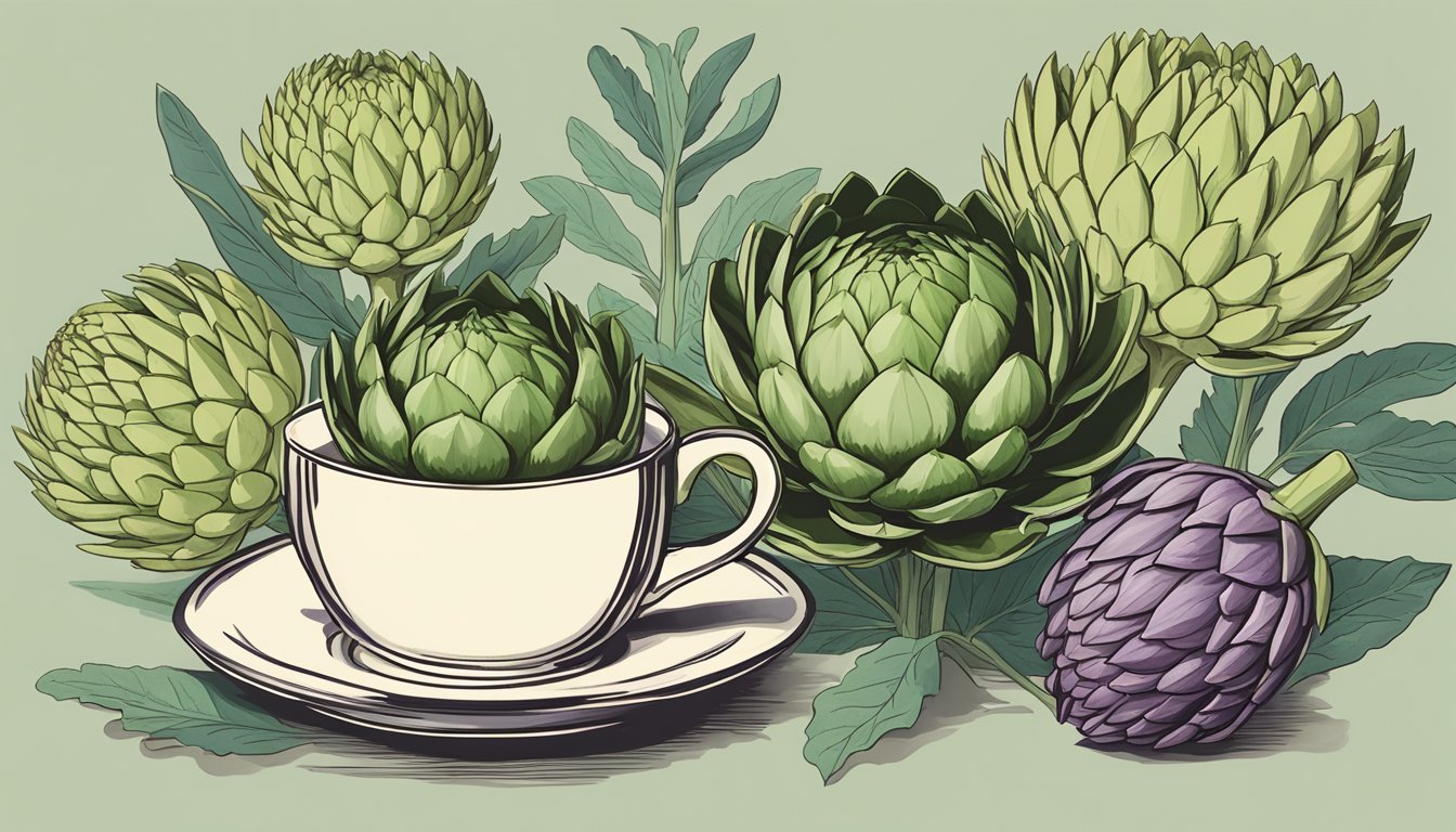 A steaming cup of artichoke leaf tea surrounded by fresh artichokes and a botanical illustration of an artichoke plant