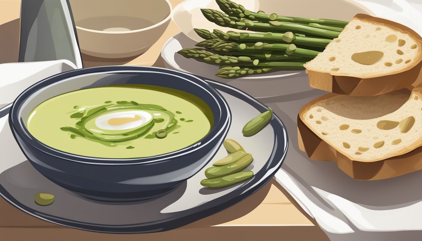 A bowl of creamy asparagus soup sits alongside a plate of crusty bread and a small dish of olive oil for dipping