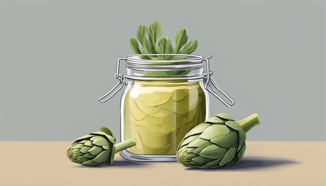 An artichoke stem is being preserved in a jar of hummus