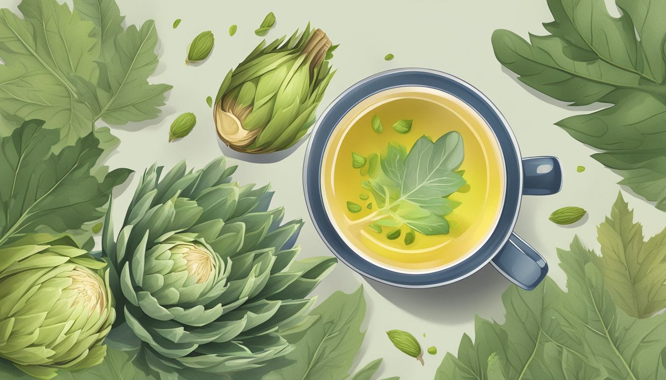 A steaming cup of artichoke leaf tea surrounded by scattered leaves and a warning label