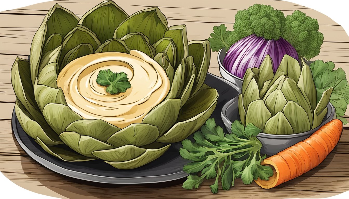 An artichoke stem is surrounded by bowls of hummus and fresh vegetables on a rustic wooden table