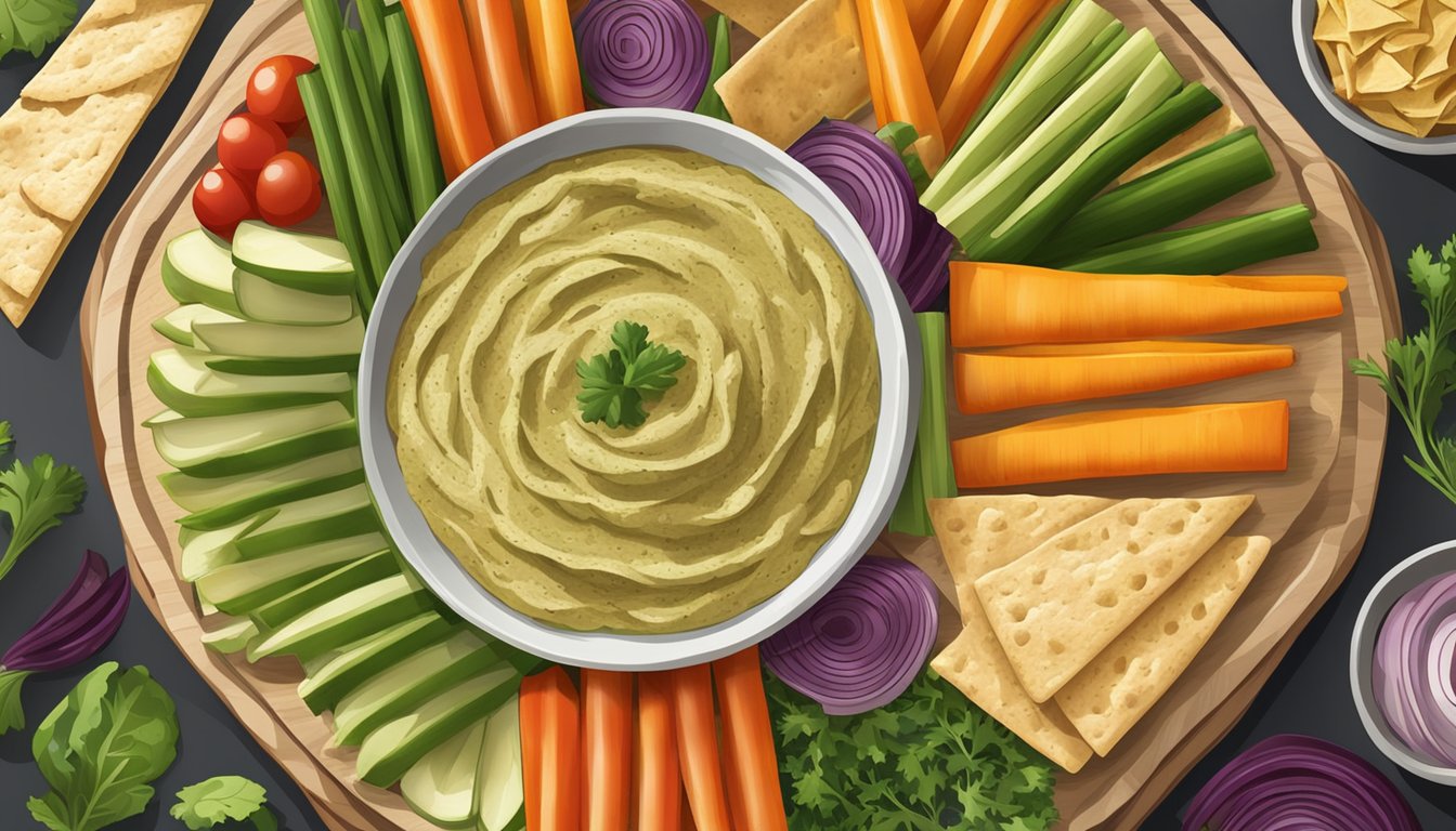 A platter of artichoke stem hummus surrounded by colorful vegetables and pita chips on a wooden serving board