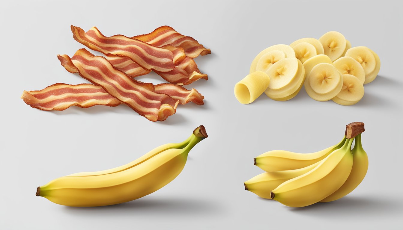 A banana peel and bacon placed side by side on a clean white surface