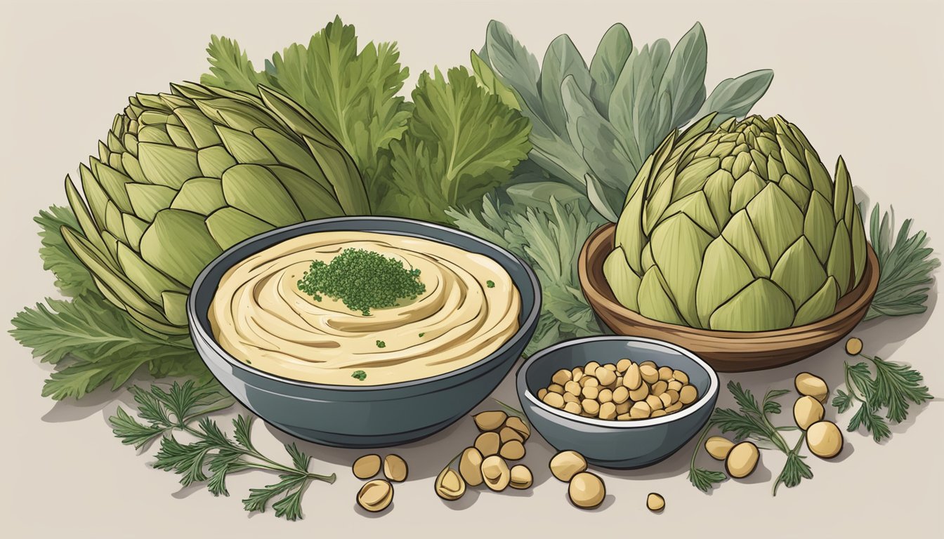 A table spread with artichokes, herbs, and chickpeas, with a bowl of creamy artichoke stem hummus in the center