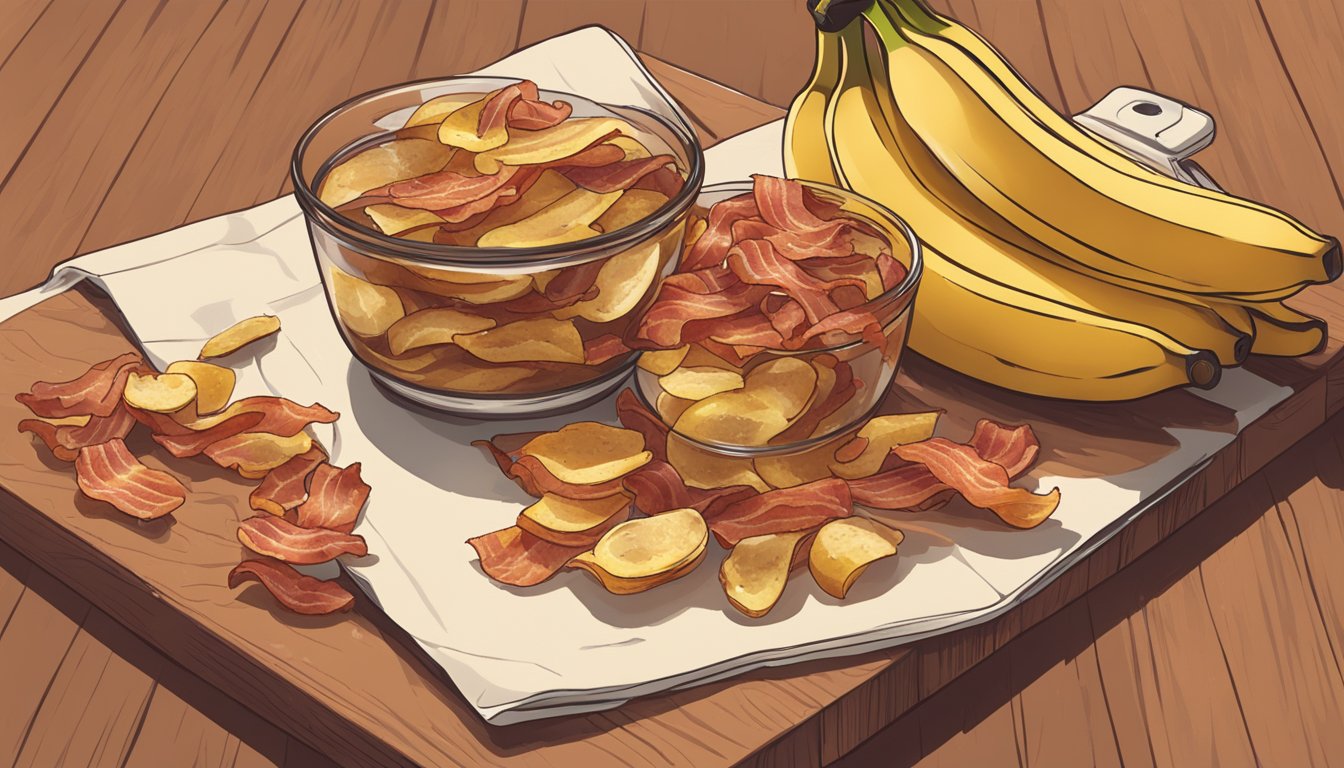 Banana peels soaking in marinade, next to strips of bacon on a cutting board