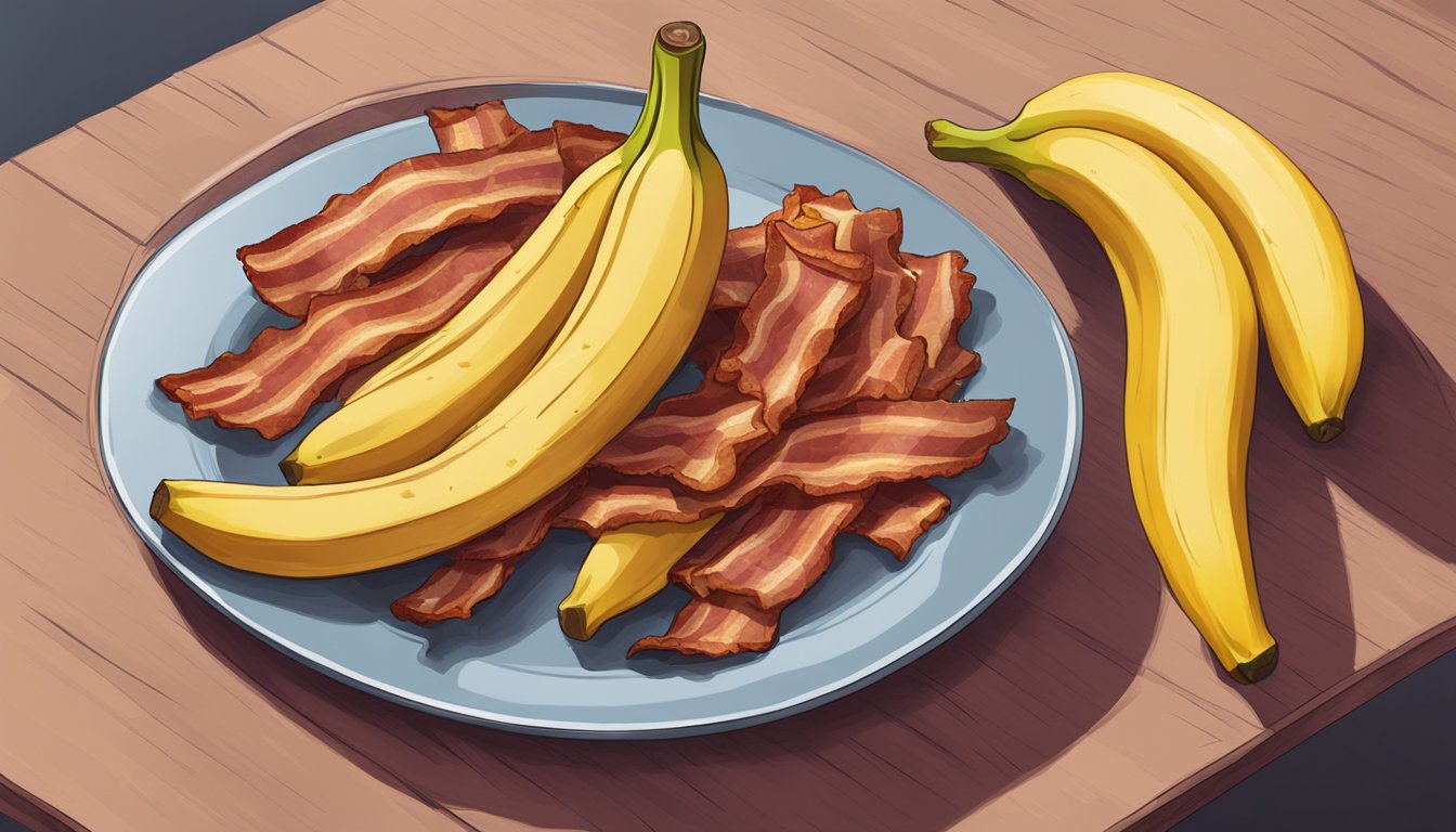 A banana peel draped over sizzling bacon on a plate