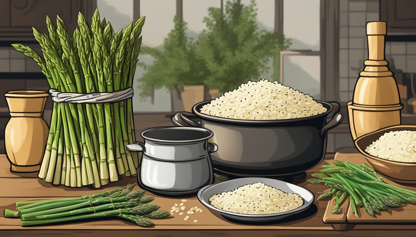 A rustic kitchen with a bubbling pot of risotto, surrounded by fresh asparagus stems and a pile of arborio rice