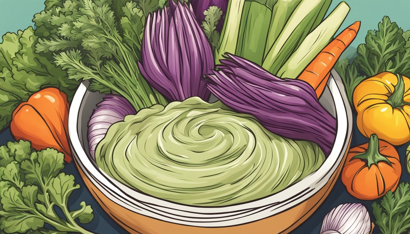 A colorful artichoke stem dips into a vibrant bowl of creamy dip surrounded by fresh vegetables and herbs