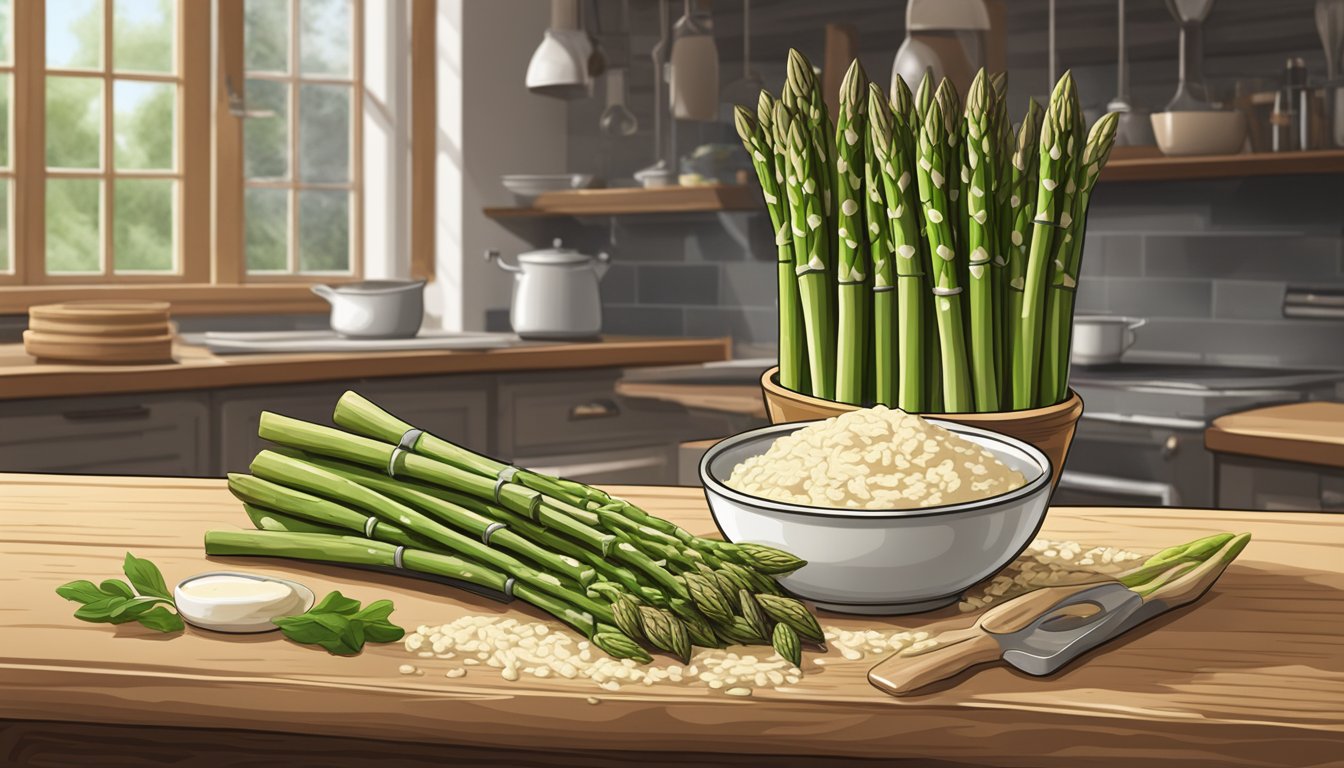 A bunch of fresh asparagus stems arranged next to a bowl of creamy risotto in a rustic kitchen setting