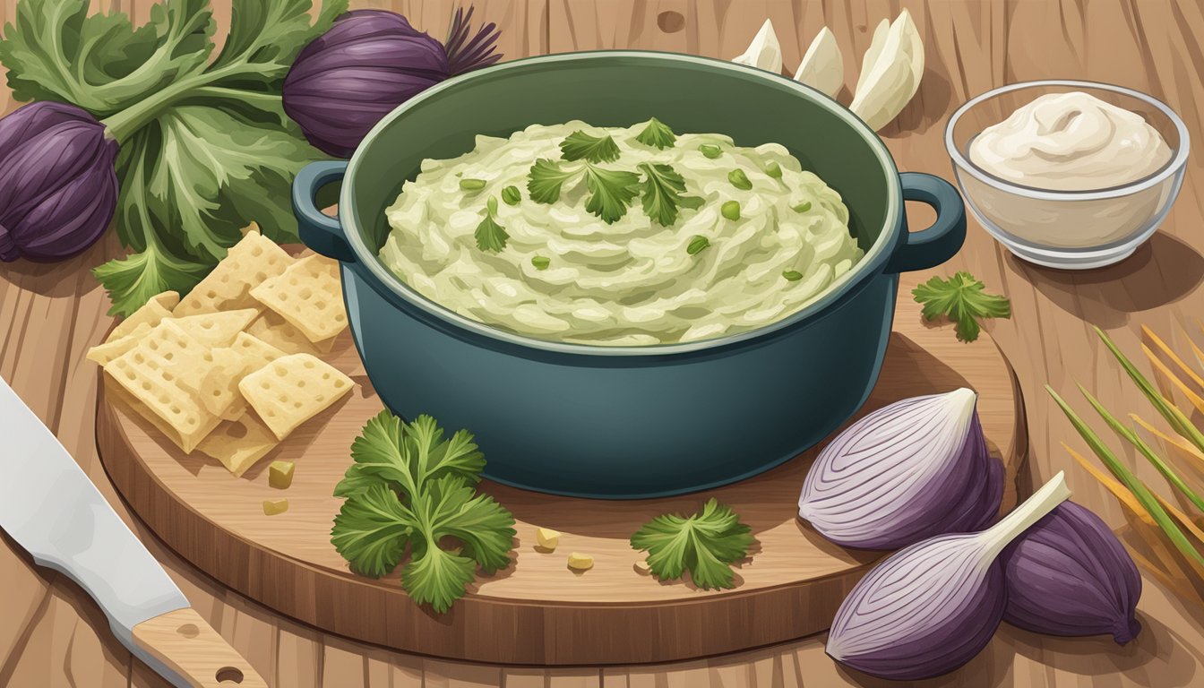 An artichoke stem dip surrounded by scattered ingredients on a wooden cutting board