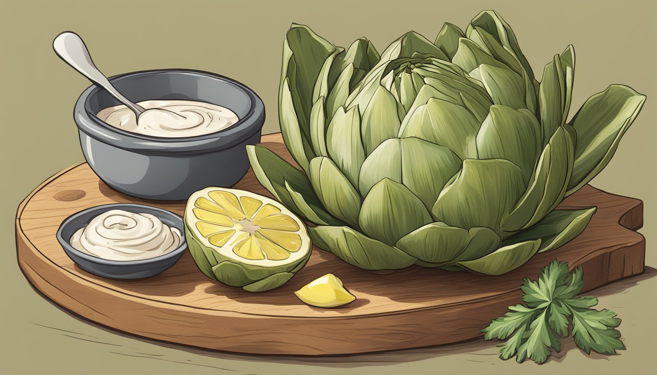 An artichoke sits on a wooden cutting board surrounded by ingredients like garlic, lemon, and herbs. A small bowl of creamy dip is placed next to it