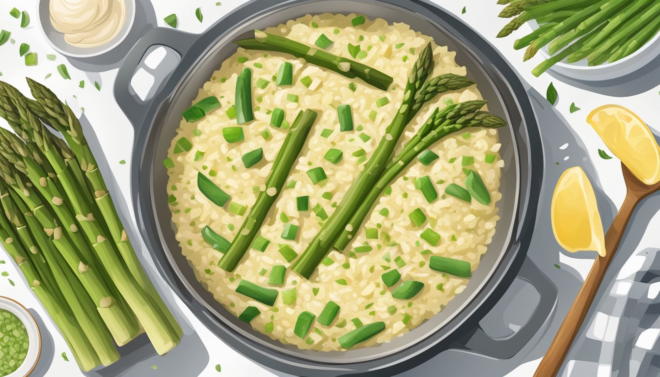 A pot of creamy asparagus risotto simmers on a stovetop, surrounded by fresh asparagus spears and a variety of flavor-enhancing ingredients