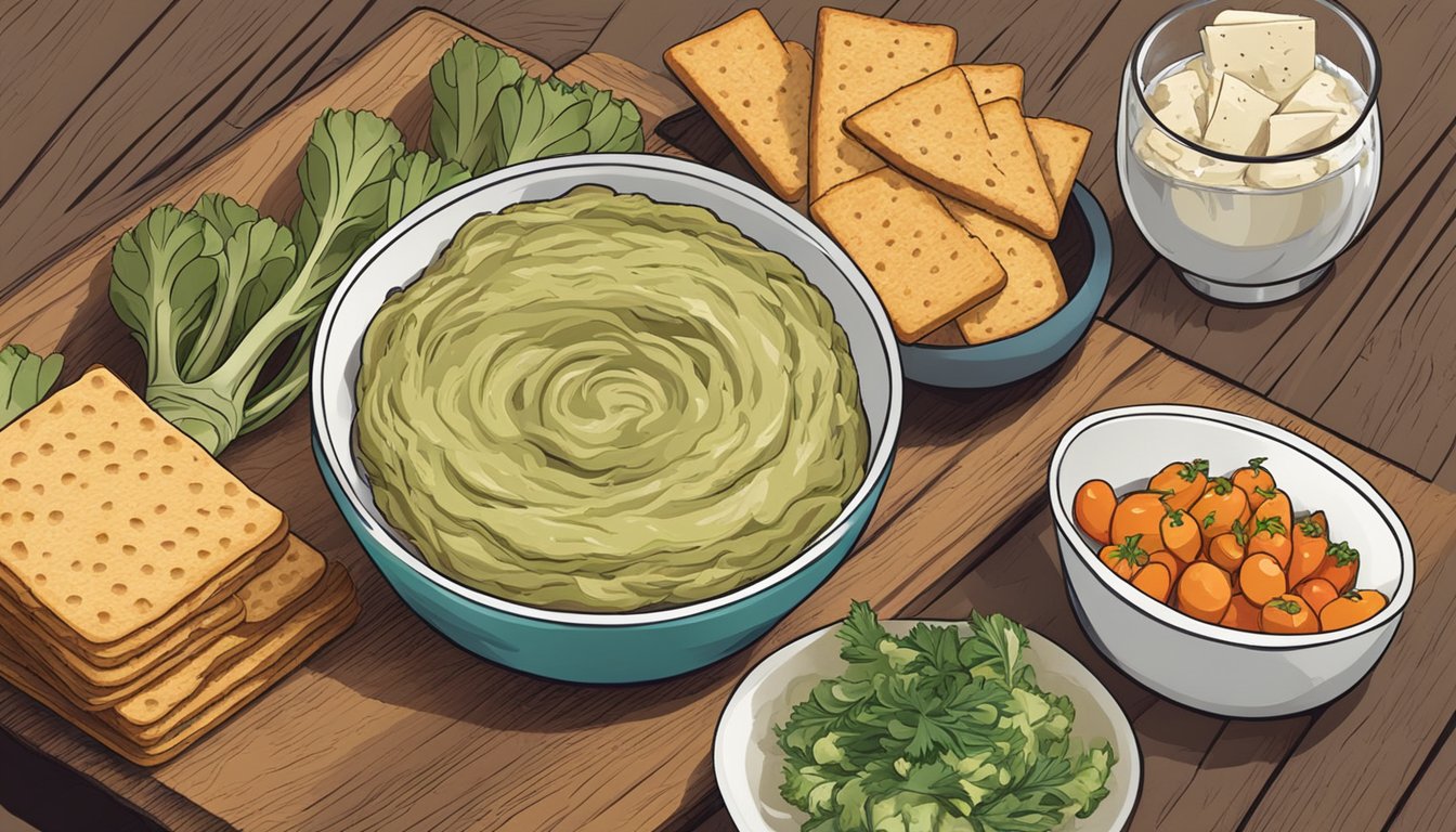 A rustic wooden table with a bowl of artichoke stem dip, surrounded by freshly baked bread, crackers, and colorful vegetables