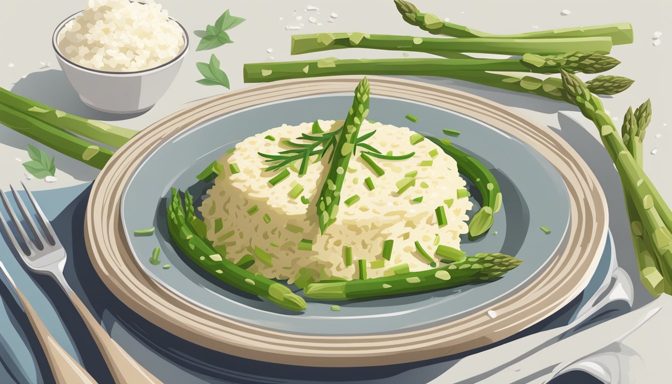 A steaming plate of asparagus stem risotto with a fork on the side, surrounded by fresh asparagus spears and a scattering of Parmesan cheese