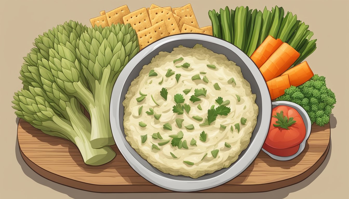 A bowl of artichoke dip surrounded by sliced vegetables and crackers on a wooden serving board