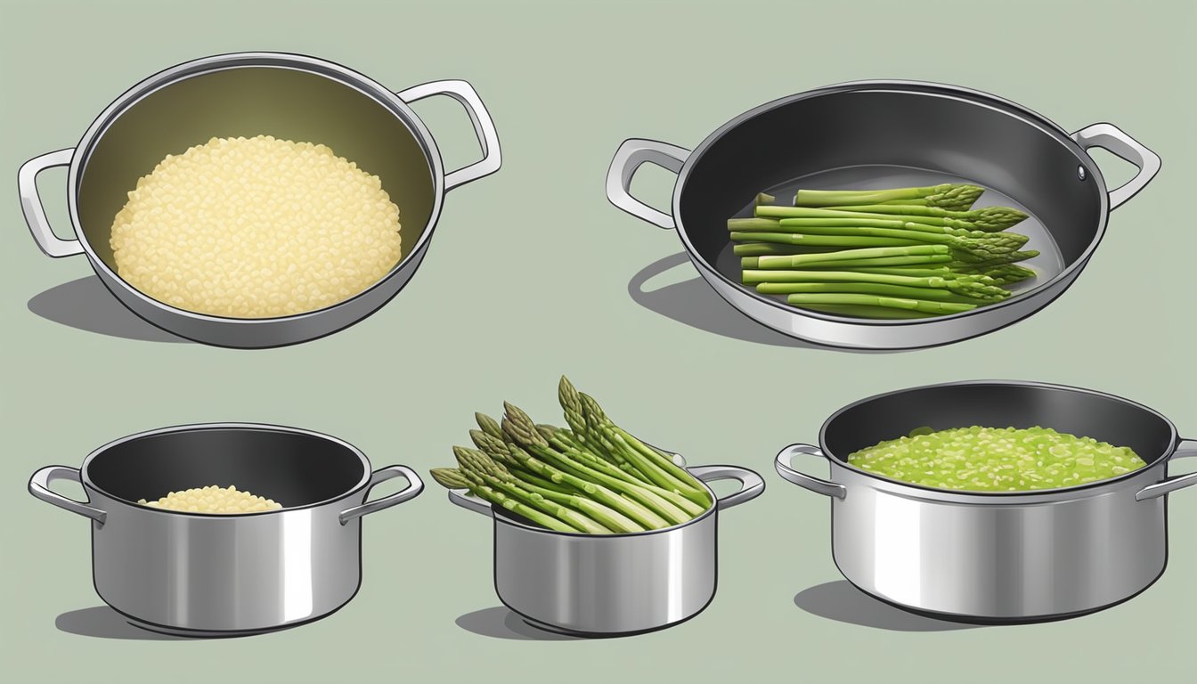 A pot of asparagus stem risotto being transferred to a storage container, then reheated in a saucepan on a stovetop