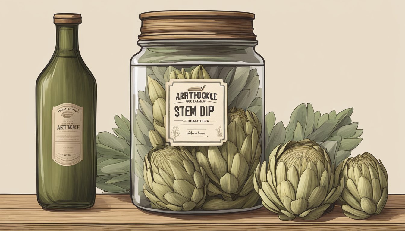 A jar of artichoke stem dip sits on a wooden shelf, surrounded by other preserved goods. The label on the jar is faded, indicating it has been stored for a long time