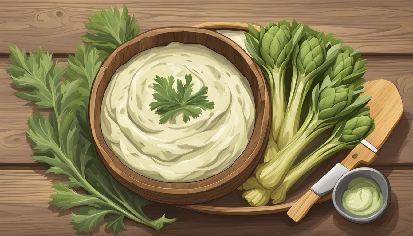 A rustic wooden table with a bowl of creamy artichoke dip surrounded by fresh artichoke stems and vibrant green leaves